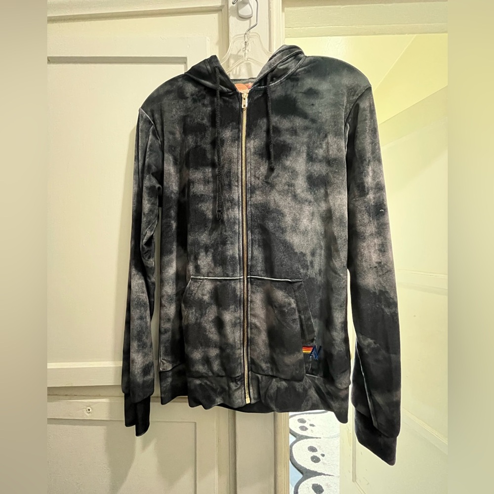 Aviator Nation velvet velour tie dye hoodie in charcoal gray size small